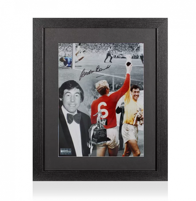 icons Gordon Banks Signed Montage Photo In Black Wooden Frame: Footballer Of The Year and World Cup Trophies