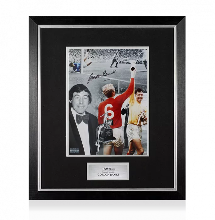 Icons Gordon Banks Signed Montage Photo In Premium Photo Frame: Footballer Of The Year And World Cup Trophies