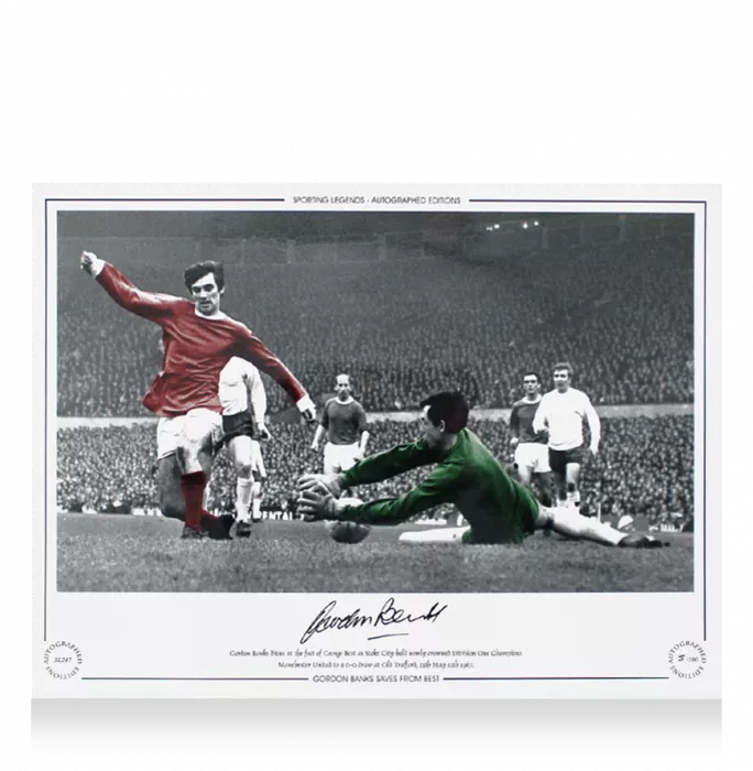 Icons Gordon Banks Signed Stoke City Photo In Black Wooden Frame: Save Vs George Best Stoke City V Manchester United 1967