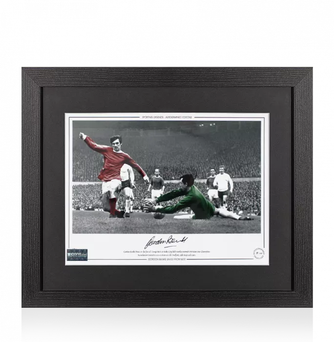 icons Gordon Banks Signed Stoke City Photo In Black Wooden Frame: Save vs George Best Stoke City v Manchester United 1967