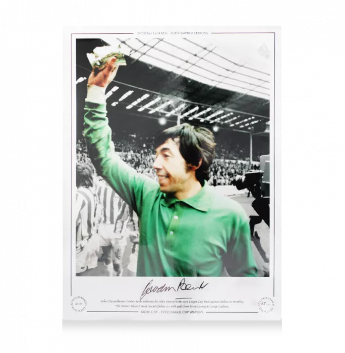 Icons Gordon Banks Signed Stoke City Print In Black Wooden Frame: 1972 League Cup Winners