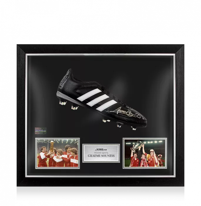 icons Graeme Souness Signed Black and White Adidas Gloro Boot In Bubble Frame: Option 1