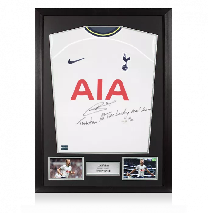 Icons Harry Kane Front Signed And Framed Tottenham Hotspur 2022-23 Home Shirt: "All Time Leading Goalscorer" Edition