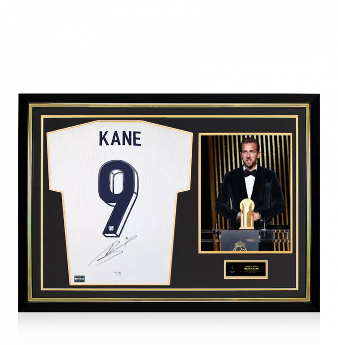 Icons Harry Kane Official Ballon D'Or™ Back Signed And Hero Framed England 2024 Home Shirt: 2024 Gerd Müller Trophy Winner