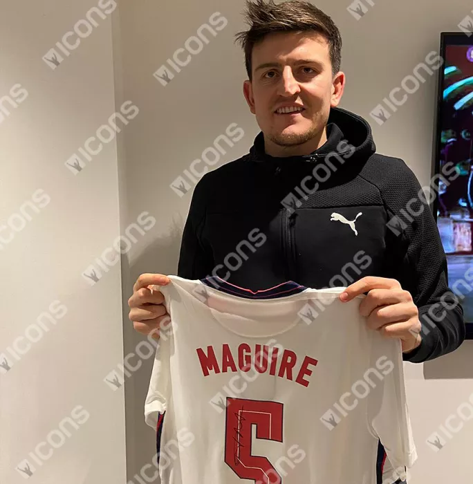 Icons Harry Maguire Back Signed England 2020 Home Shirt With Fan Style Numbers In Hero Frame: Option 1