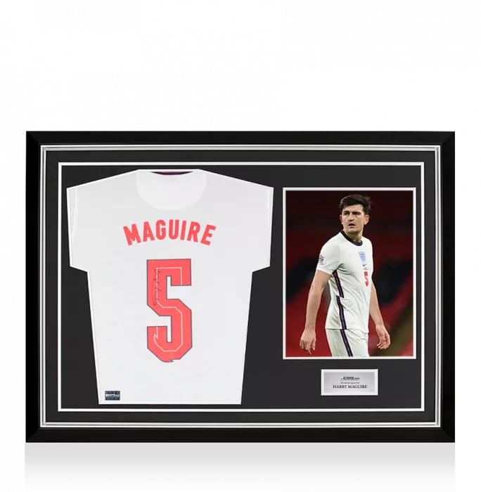Icons Harry Maguire Back Signed England 2020 Home Shirt With Fan Style Numbers In Hero Frame: Option 1