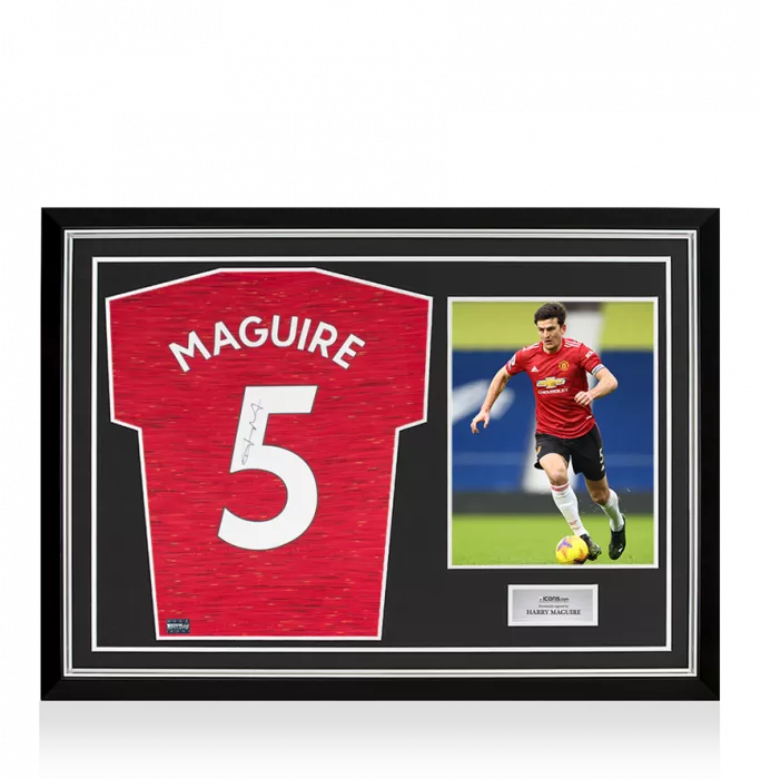 icons Harry Maguire Back Signed Manchester United 2020-21 Home Shirt With Fan Style Numbers In Hero Frame: Option 1