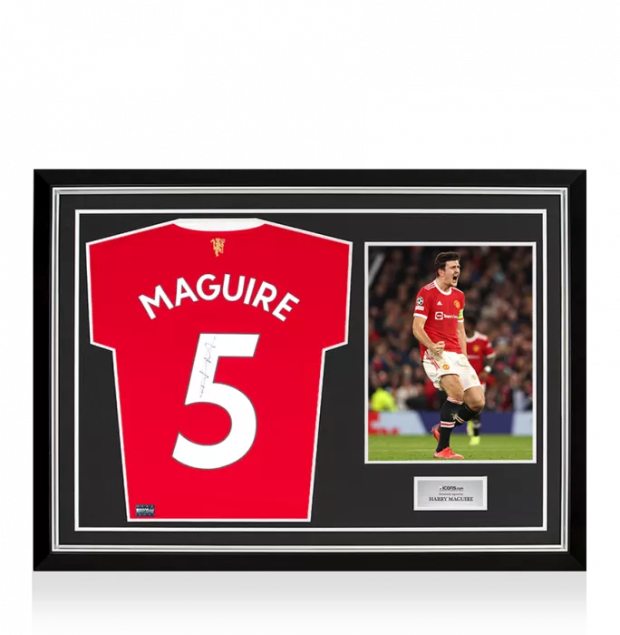icons Harry Maguire Back Signed Manchester United 2021-22 Home Shirt With Fan Style Number In Hero Frame: Option 1