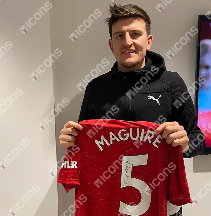 Icons Harry Maguire Official UEFA Europa League Back Signed Manchester United 2020-21 Home Shirt With Fan Style Numbers