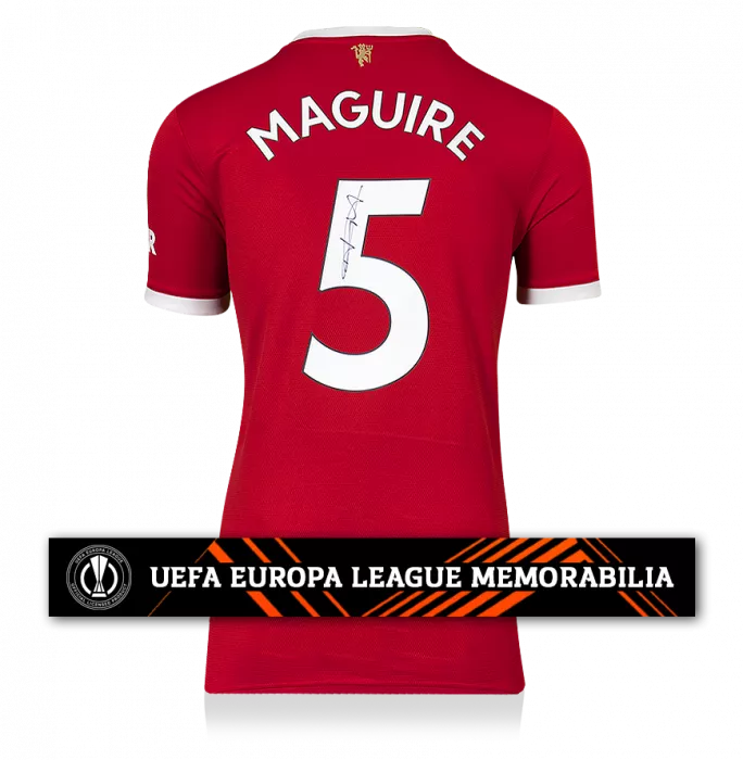 Icons Harry Maguire Official UEFA Europa League Back Signed Manchester United 2021-22 Home Shirt With Fan Style Number