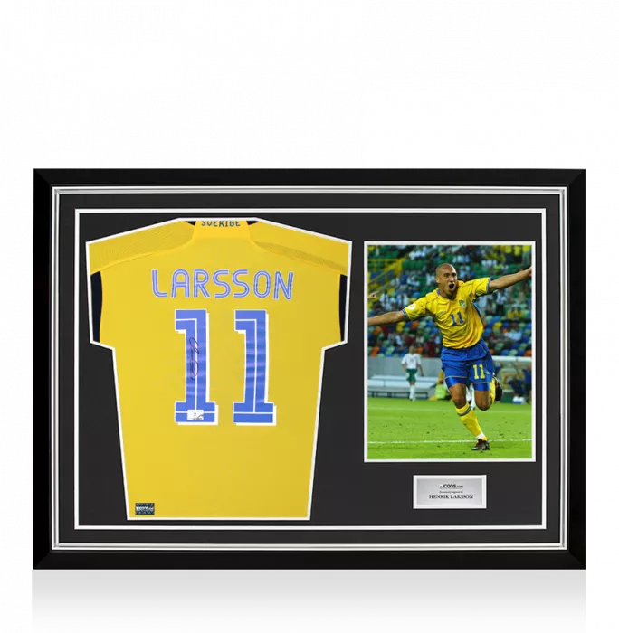 icons Henrik Larsson Back Signed Sweden Retro Home Shirt In Hero Frame: Option 1