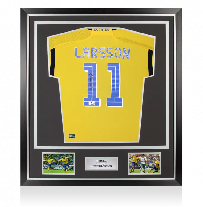 icons Henrik Larsson Back Signed Sweden Retro Home Shirt In Classic Frame