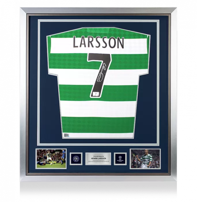 Icons Henrik Larsson Official UEFA Champions League Back Signed And Framed Celtic Retro Home Shirt
