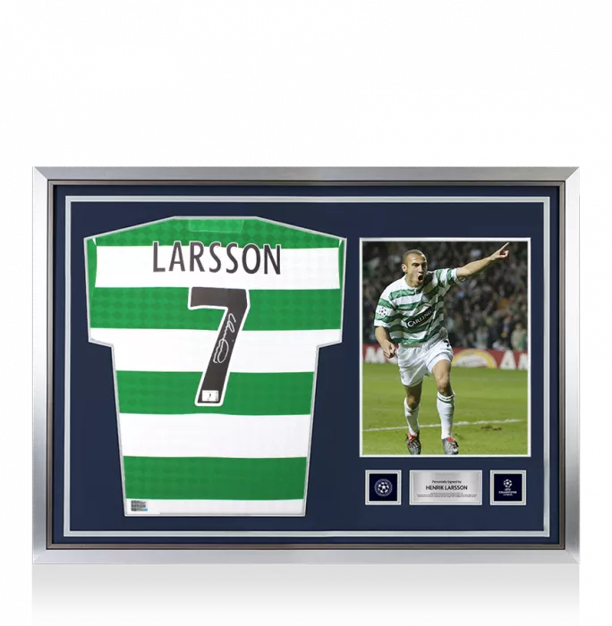 icons Henrik Larsson Official UEFA Champions League Back Signed and Hero Framed Celtic Retro Home Shirt