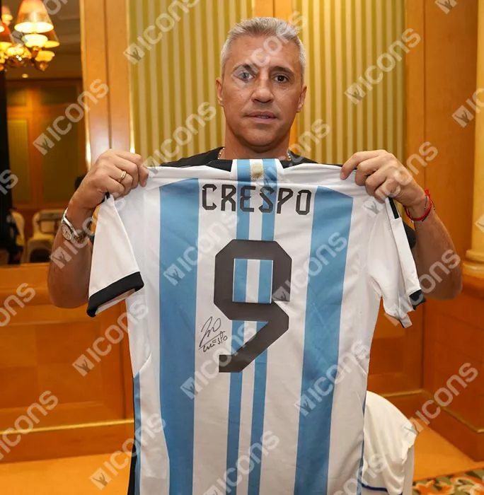 Icons Hernan Crespo Back Signed Argentina 2022-23 Home Shirt With Fan Style Number In Hero Frame: Option 1