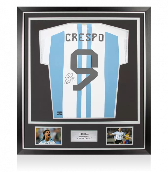 icons Hernan Crespo Back Signed Argentina 2022-23 Home Shirt with Fan Style Number In Classic Frame