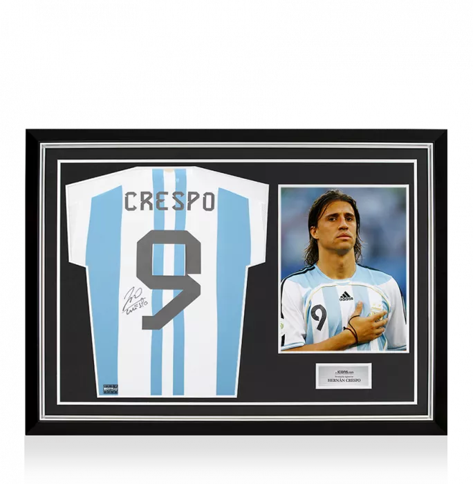 icons Hernan Crespo Back Signed Argentina 2022-23 Home Shirt with Fan Style Number In Hero Frame: Option 1