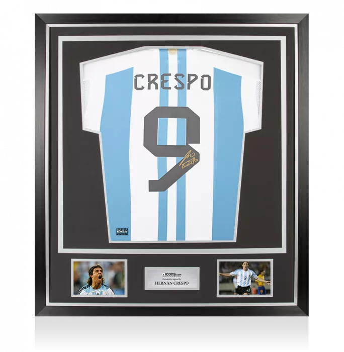 icons Hernan Crespo Back Signed Argentina 2022 Home Shirt with Fan Style Number In Classic Frame