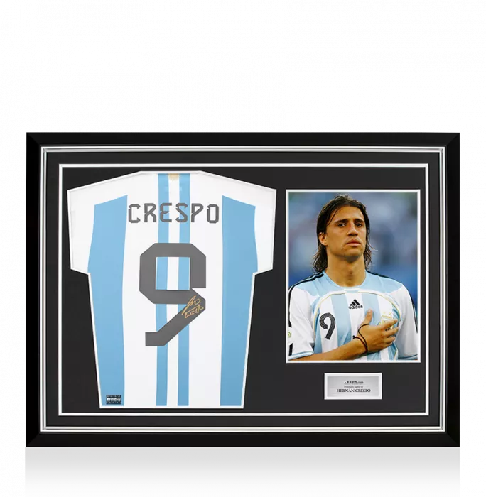 icons Hernan Crespo Back Signed Argentina 2022 Home Shirt with Fan Style Number In Hero Frame: Option 1