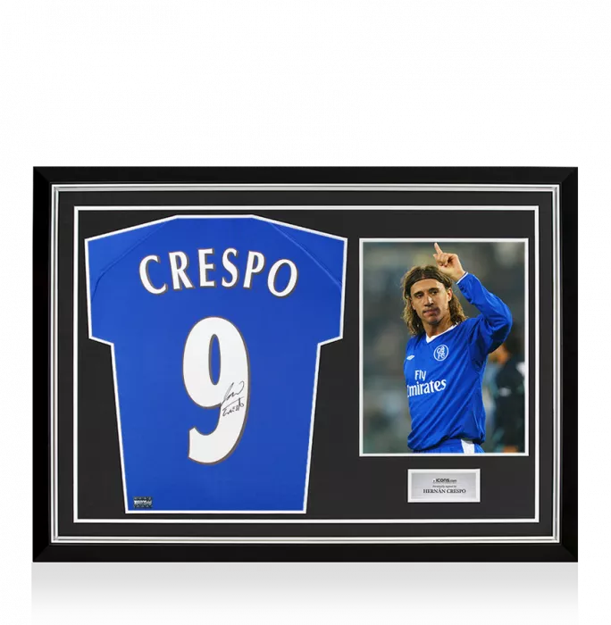 icons Hernan Crespo Back Signed Chelsea 2000 Home Shirt In Hero Frame: Option 1