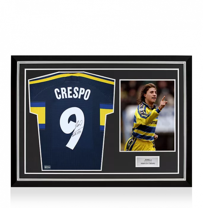 icons Hernan Crespo Back Signed Parma 1999-00 Third Shirt with Fan Style Number In Hero Frame: Option 1