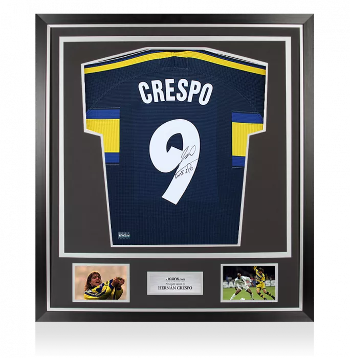 icons Hernan Crespo Back Signed Parma 1999-00 Third Shirt with Fan Style Number In Classic Frame