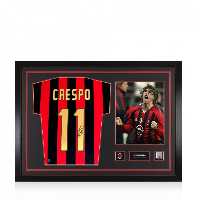 icons Hernan Crespo Official AC Milan Back Signed and Framed Retro Shirt With Fan Style Numbers