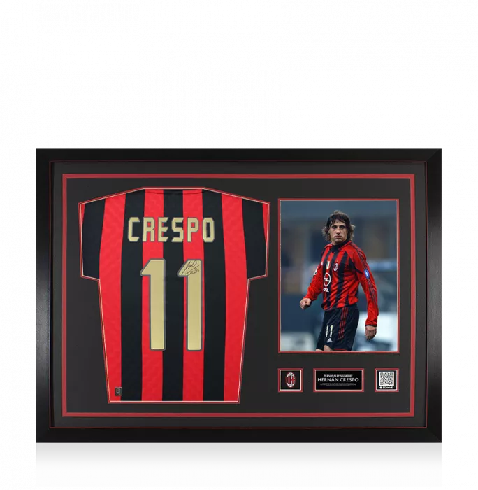 icons Hernan Crespo Official AC Milan Back Signed and Framed 1996 Home Shirt with Fan Style Number