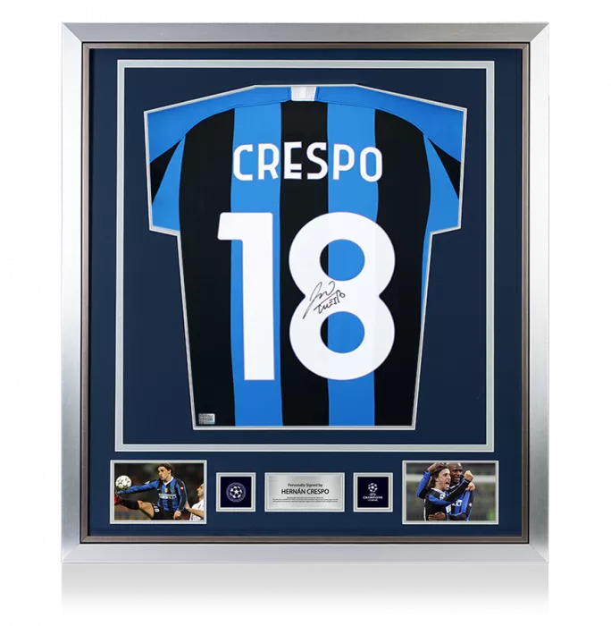 icons Hernan Crespo Official UEFA Champions League Back Signed and Framed Internazionale 2019-20 Home Shirt with Fan Style Numbers