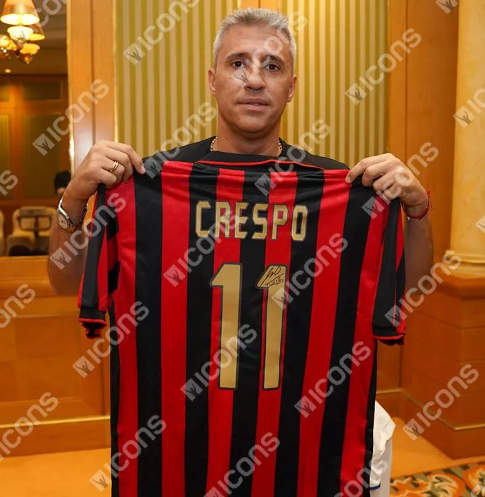 Icons Hernan Crespo Official UEFA Champions League Back Signed And Hero Framed AC Milan 1996 Home Shirt With Fan Style Number