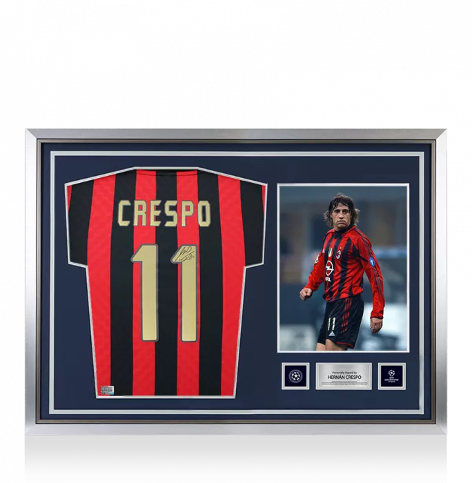 icons Hernan Crespo Official UEFA Champions League Back Signed and Hero Framed AC Milan 1996 Home Shirt with Fan Style Number