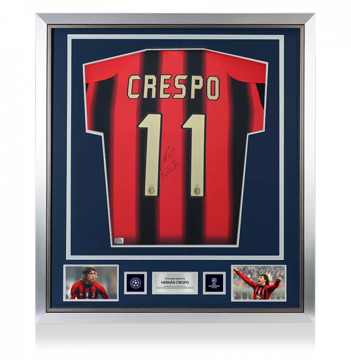 icons Hernan Crespo Official UEFA Champions League Back Signed and Framed AC Milan 2004-05 Home Shirt