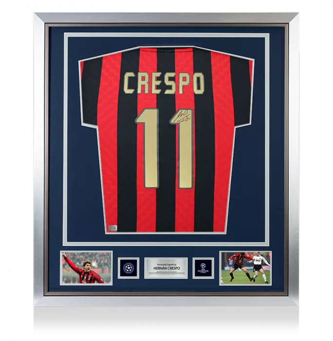 icons Hernan Crespo Official UEFA Champions League Back Signed and Framed AC Milan 1996 Home Shirt with Fan Style Number