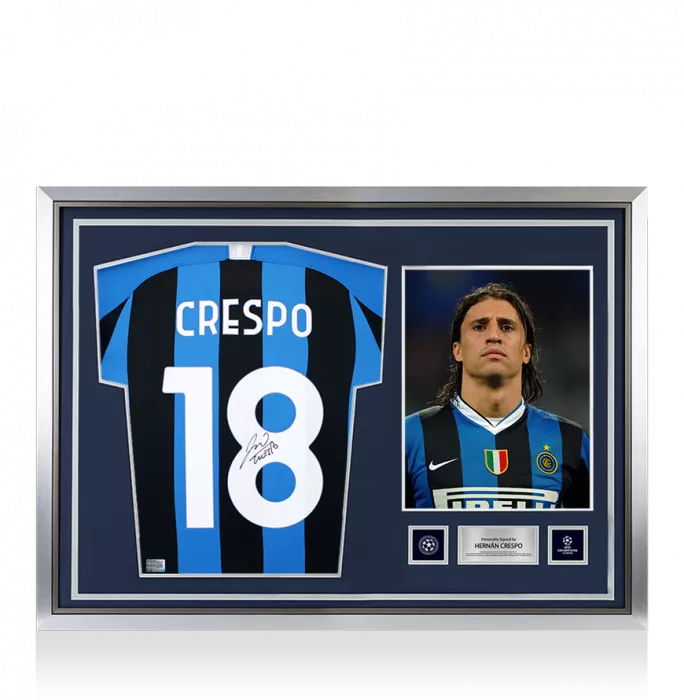 icons Hernan Crespo Official UEFA Champions League Back Signed and Hero Framed Internazionale 2019-20 Home Shirt with Fan Style Numbers