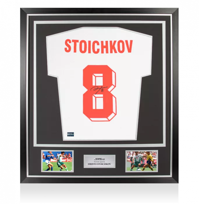 icons Hristo Stoichkov Back Signed Bulgaria T-Shirt with Fan Style Numbers In Classic Frame