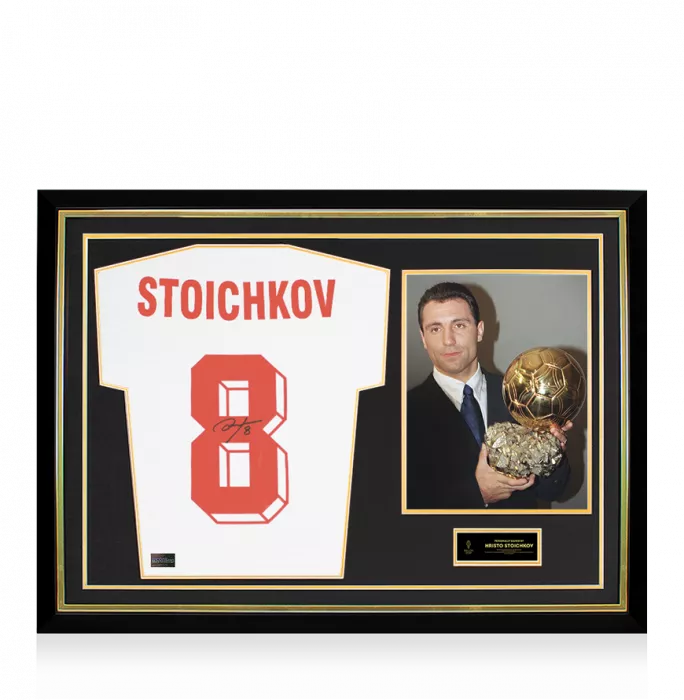 icons Hristo Stoichkov Official Ballon d'Or™ Back Signed and Hero Framed Bulgaria T-Shirt with Fan Style Numbers