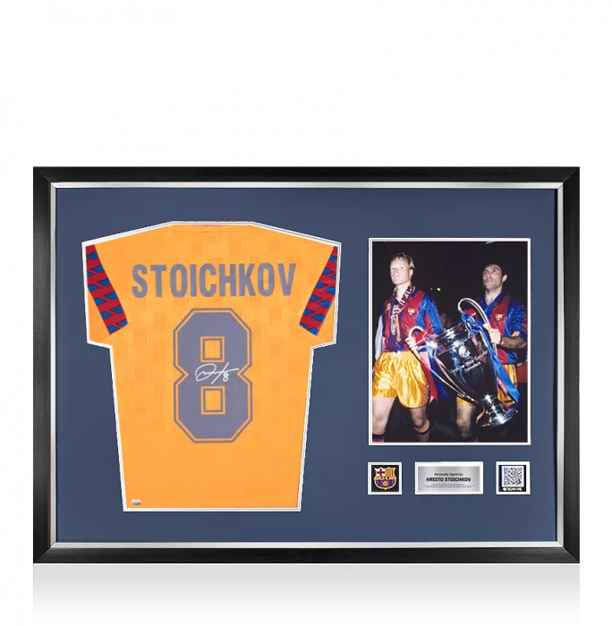 icons Hristo Stoichkov Official FC Barcelona Back Signed and Framed 1992 Away Shirt