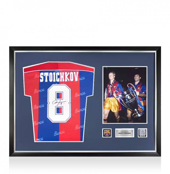 icons Hristo Stoichkov Official FC Barcelona Back Signed and Framed 1994 Home Shirt