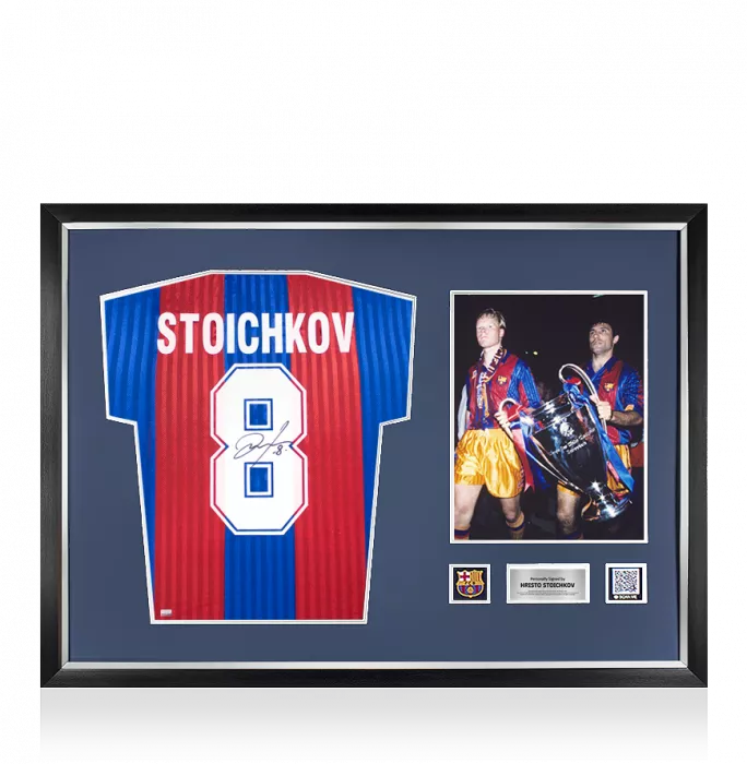 icons Hristo Stoichkov Official FC Barcelona Back Signed and Framed 1992 Home Shirt