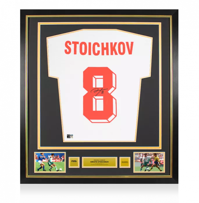 icons Hristo Stoichkov Official FIFA World Cup™ Back Signed and Framed Bulgaria Home Shirt with Fan Style Numbers