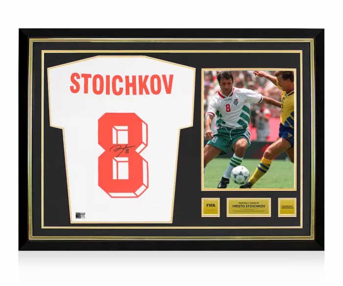 icons Hristo Stoichkov Official FIFA World Cup™ Back Signed and Hero Framed Bulgaria Home Shirt with Fan Style Numbers