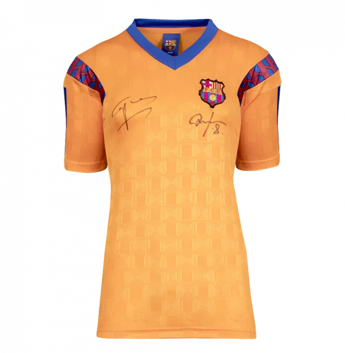Icons Hristo Stoichkov & Pep Guardiola Front Signed And Framed Official FC Barcelona 1992 Away Shirt