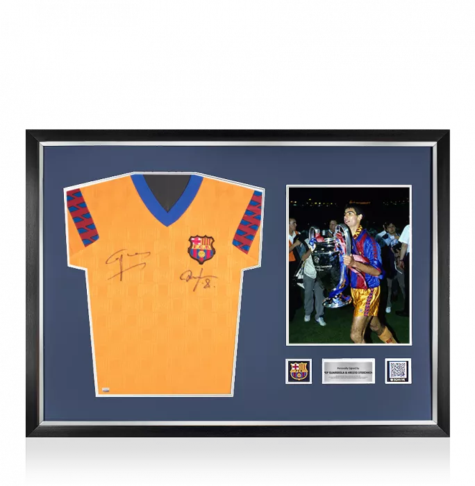 icons Hristo Stoichkov & Pep Guardiola Front Signed and Framed Official FC Barcelona 1992 Away Shirt