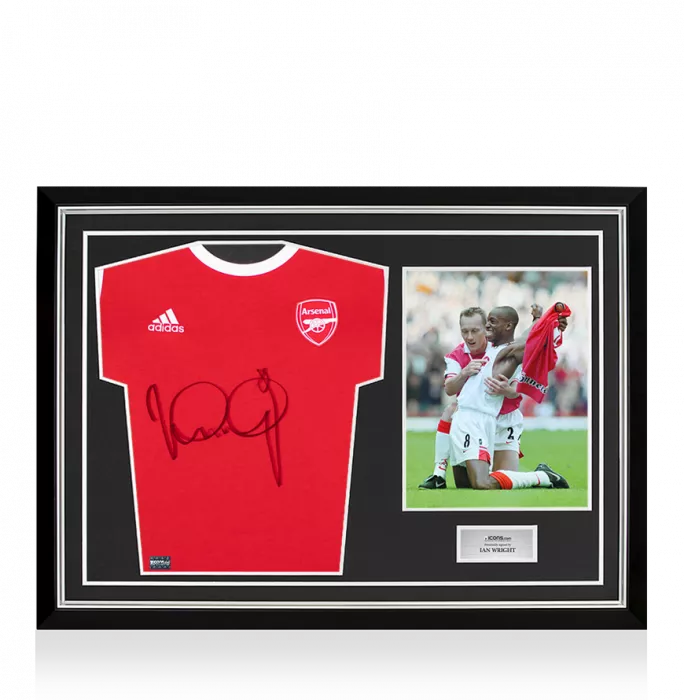 Icons Ian Wright Front Signed Adidas Arsenal T-Shirt In Hero Frame: Option 1
