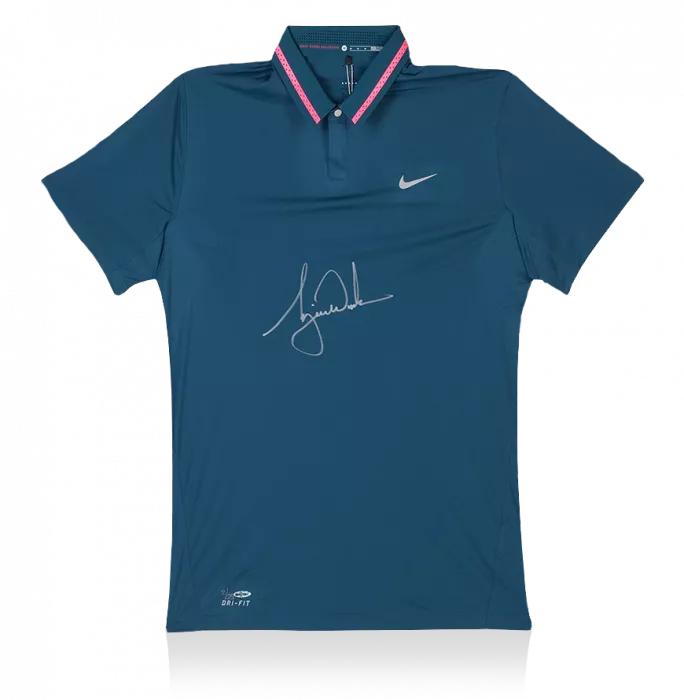icons Tiger Woods Signed Blue Nike Golf Polo Shirt