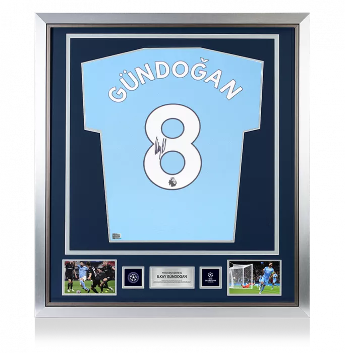 Icons Ilkay Gundogan Official UEFA Champions League Back Signed And Framed Manchester City 2021-22 Home Shirt