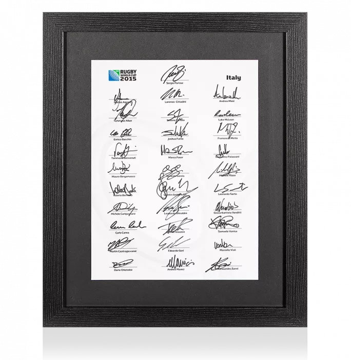 icons Italy Rugby World Cup 2015 Squad Signed Card In Black Wooden Frame: Signed By 31