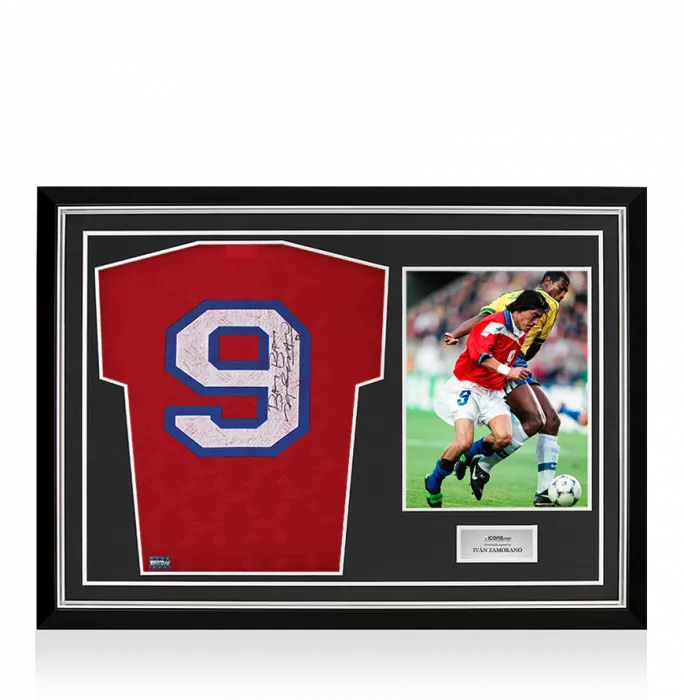 icons Ivan Zamorano Back Signed Chile 1997-98 Home Shirt In Hero Frame: Option 1