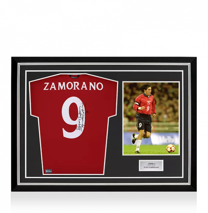 icons Ivan Zamorano Back Signed Chile 2000-01 Home Shirt In Hero Frame: Option 1