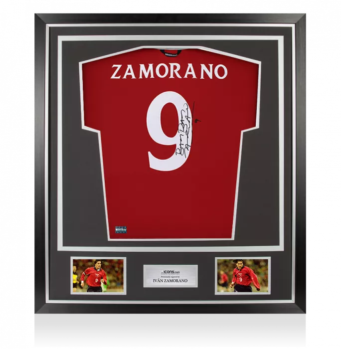 icons Ivan Zamorano Back Signed Chile 2000-01 Home Shirt In Classic Frame